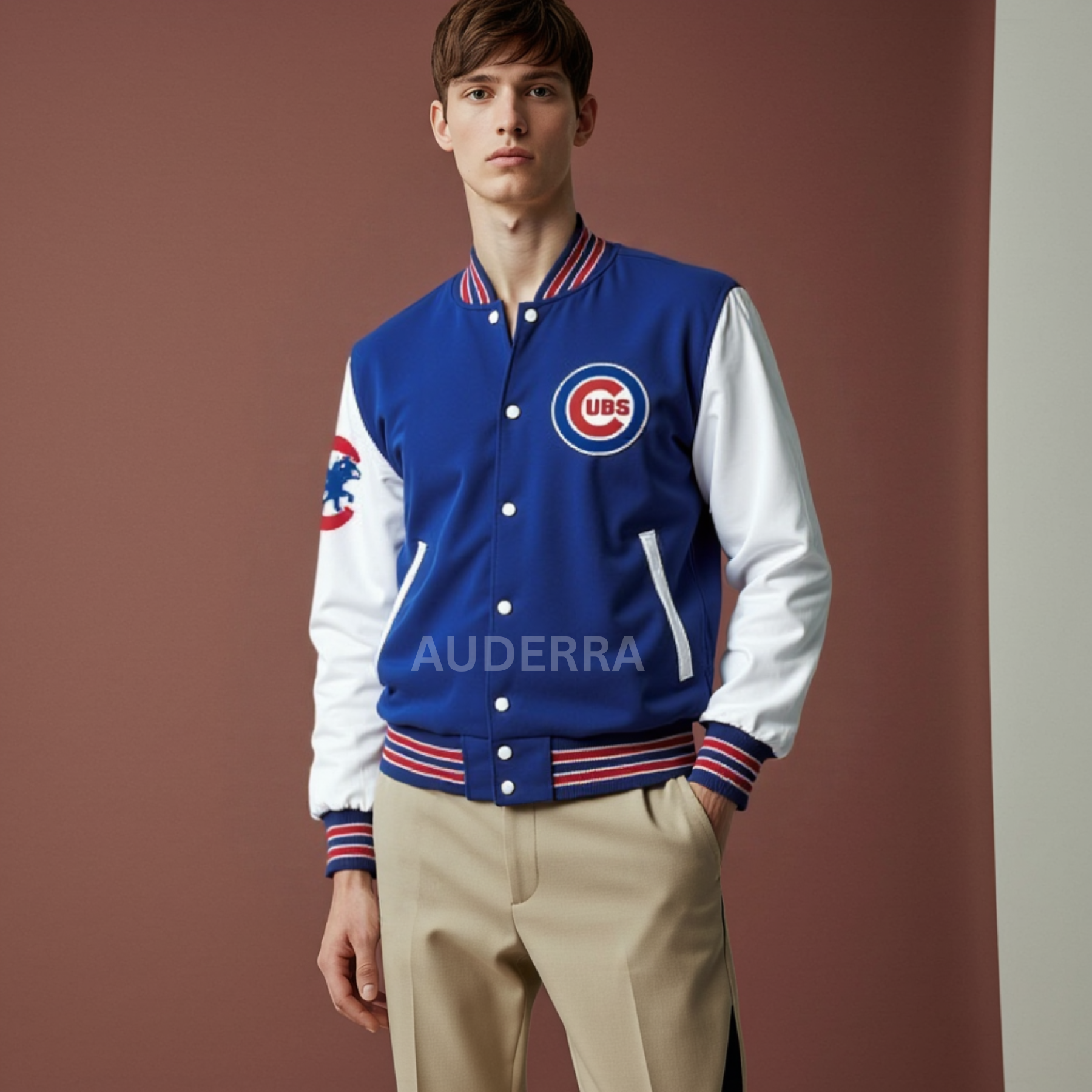 Chicago Cubs Blue Wool & White Genuine Leather Sleeves Varsity Letterman Jacket