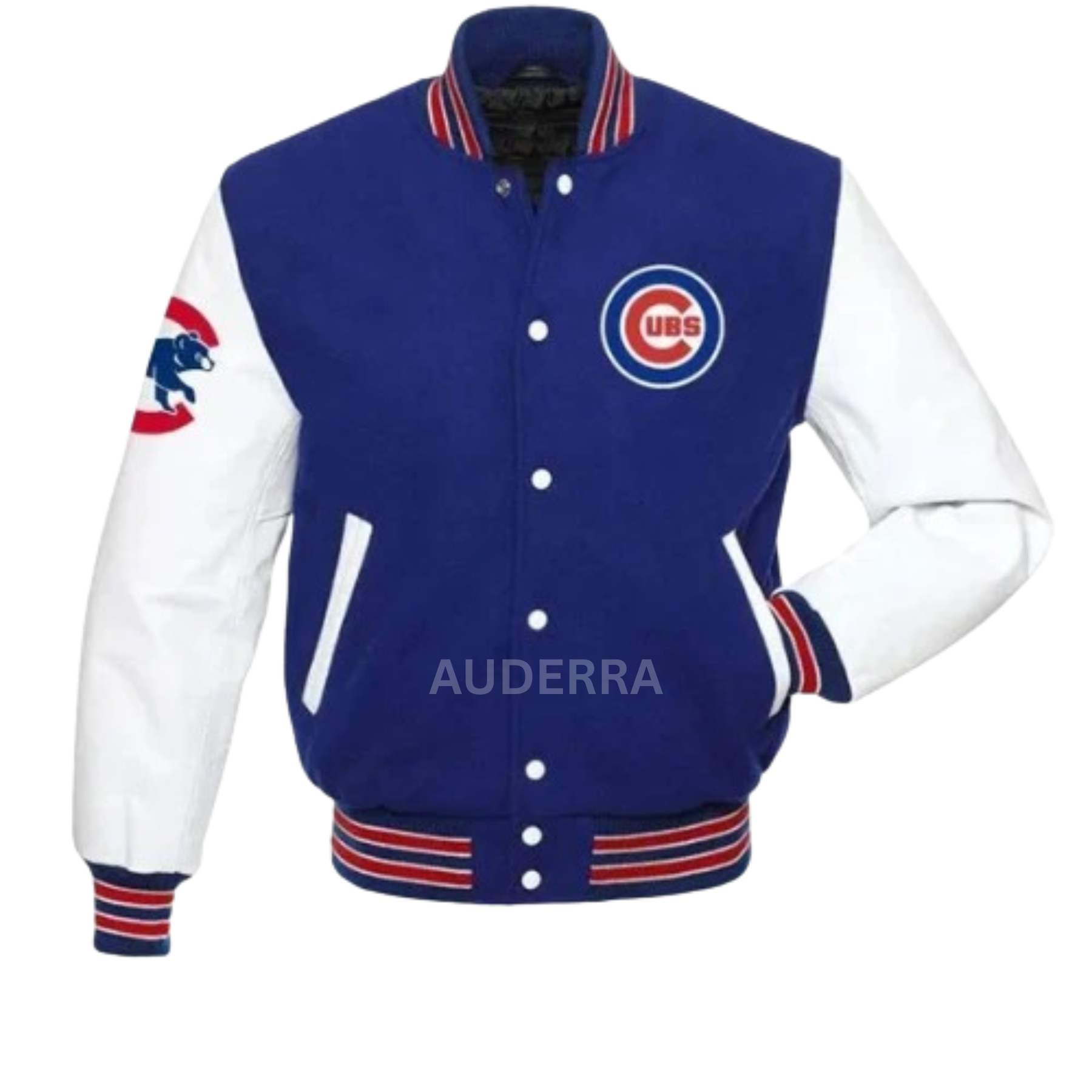 Chicago Cubs Blue Wool & White Genuine Leather Sleeves Varsity Letterman Jacket