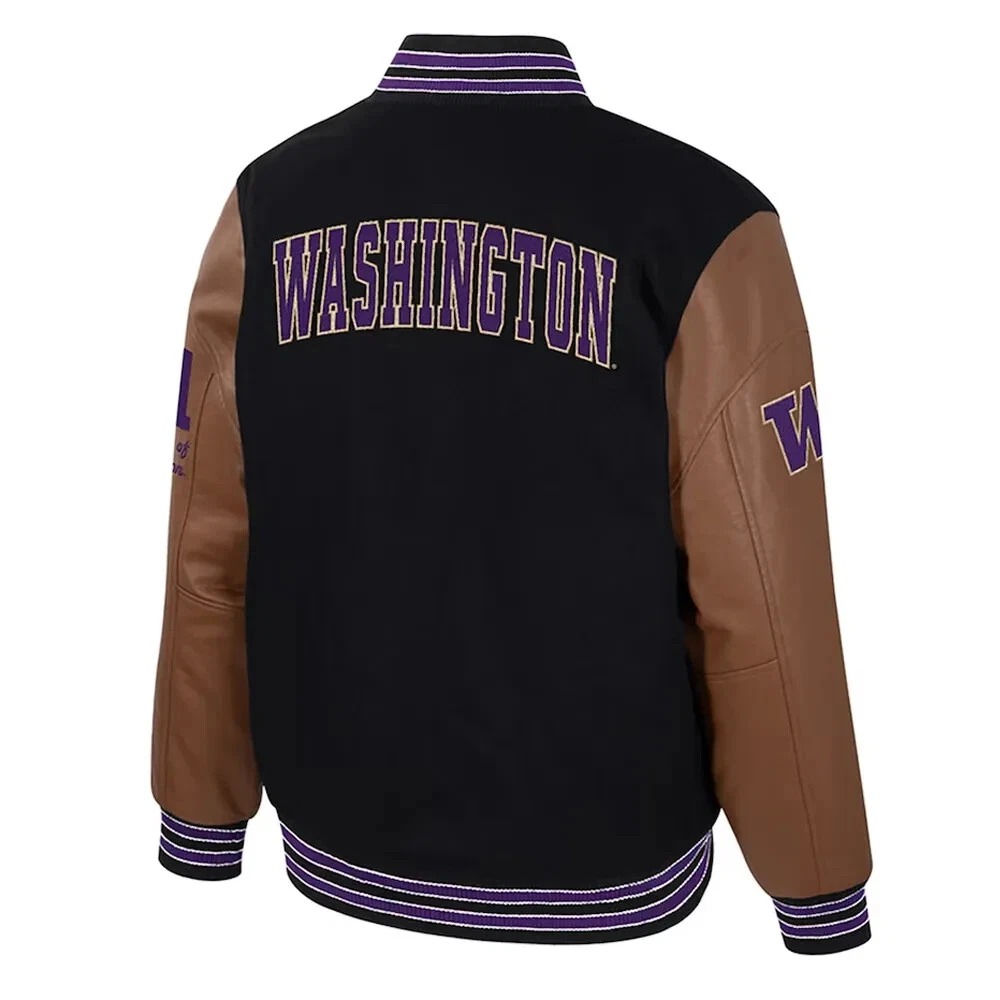 Washington Huskies Black Wool Genuine Leather Sleeves Letterman Varsity Jacket - Image 5