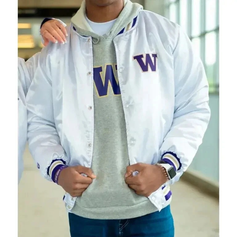 Washington Huskies White Button Up Full-Snap Satin Bomber Letterman Women's Jacket
