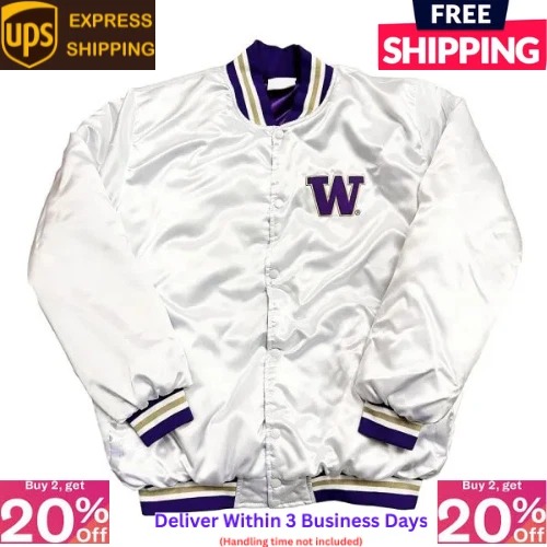 Washington Huskies White Button Up Full-Snap Satin Bomber Letterman Women's Jacket - Image 3