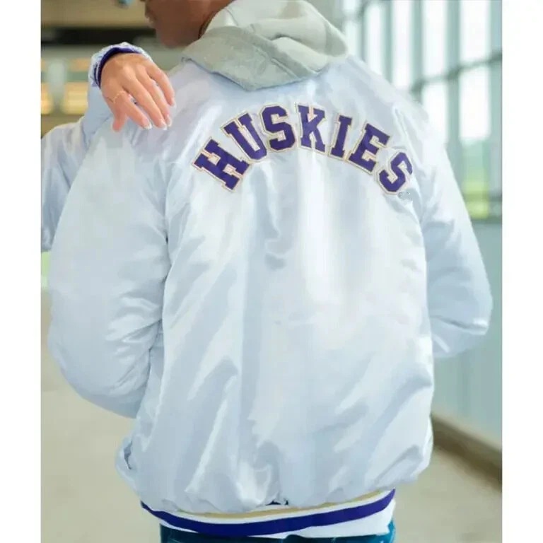 Washington Huskies White Button Up Full-Snap Satin Bomber Letterman Women's Jacket - Image 4