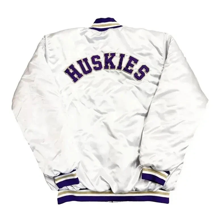 Washington Huskies White Button Up Full-Snap Satin Bomber Letterman Women's Jacket - Image 5