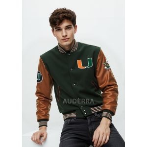 Miami Hurricanes Black Wool Genuine Leather Sleeves Varsity Women Letterman Jacket