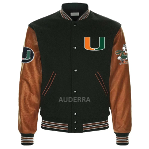 Miami Hurricanes Black Wool Genuine Leather Sleeves Varsity Women Letterman Jacket