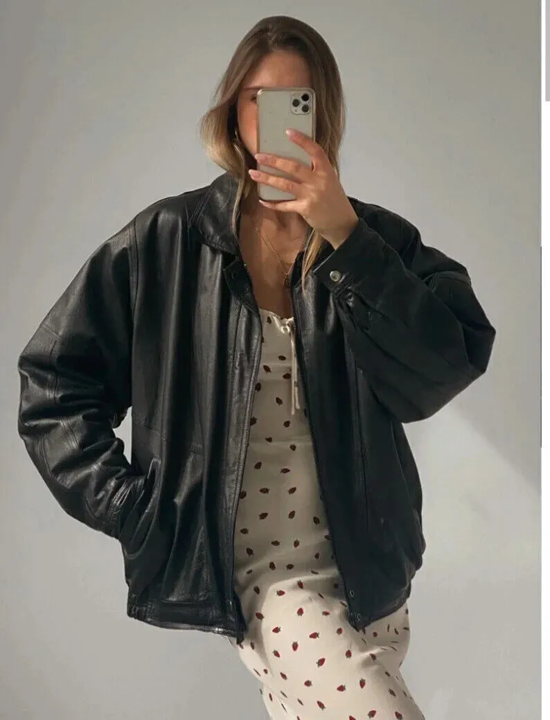 Vintage 90’s Leather Jacket, Oversized Leather Bomber Jacket, Bomber Jacket, Y2K, Gift for Her, Birthday Gift