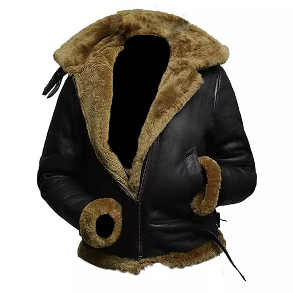 Women Aviator Hooded B3 Bomber Fur Shearling Real Sheepskin Leather Jacket - Image 3