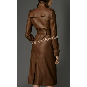 Women Brown Genuine Real Leather Trench Coat
