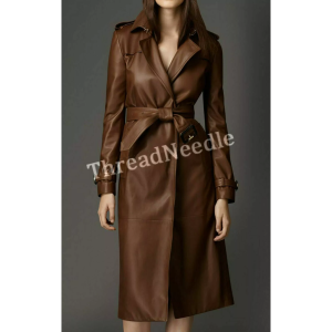 Women Brown Genuine Real Leather Trench Coat