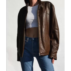 Women Fashion 80s Leather Jacket Vintage Style Brown Oversized Bomber for women