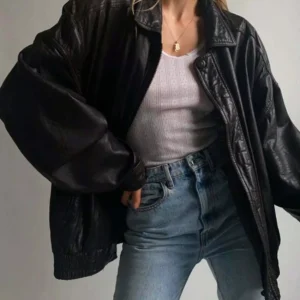 Women Fashion Leather Jacket Vintage Leather Oversized Bomber Jacket Outfit