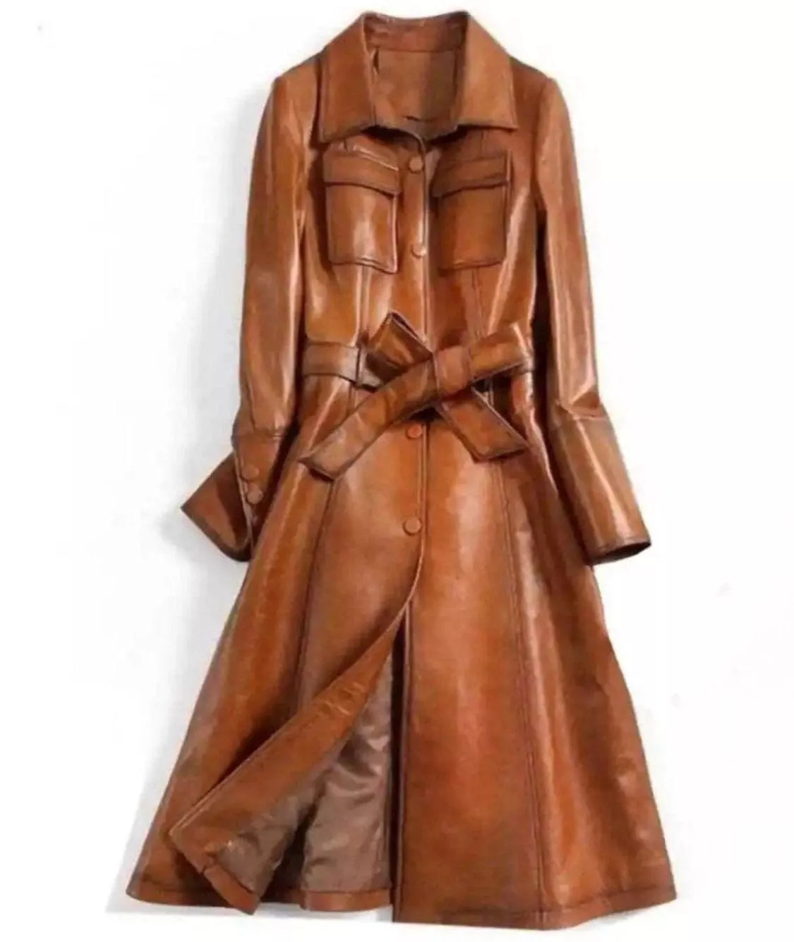 Women Italian Style Trench Coat Street Wear Designer Real Leather Coat