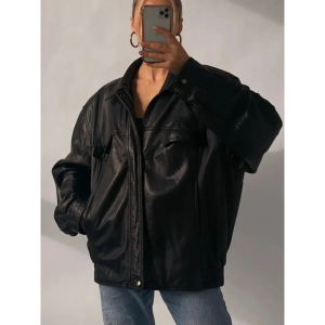 Women Oversize 90's Motorcycle Black Vintage Style Bomber Leather Jacket