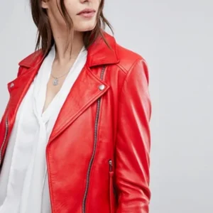 Women’s Red Leather Jacket Genuine real Soft Leather Motor Biker Belted Jacket