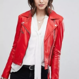 Women’s Red Leather Jacket Genuine real Soft Leather Motor Biker Belted Jacket