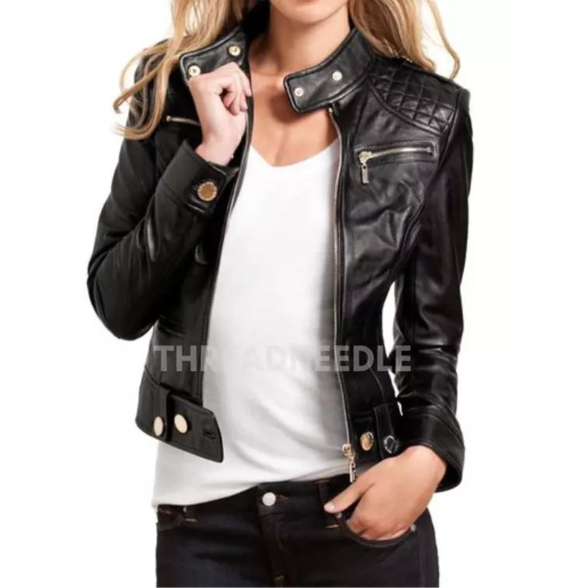 Women Slim Fit Black Moto Style Biker Real Leather Jacket For Ladies - Image 3