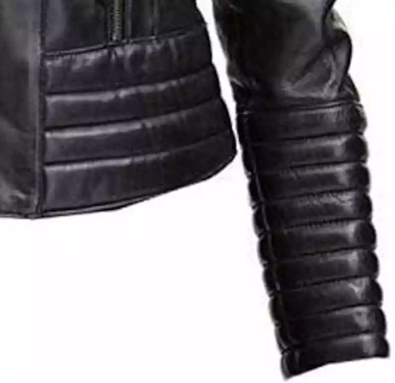 Quilted Black Moto Biker Motorcycle Hooded Womens Real Leather Jacket - Image 2