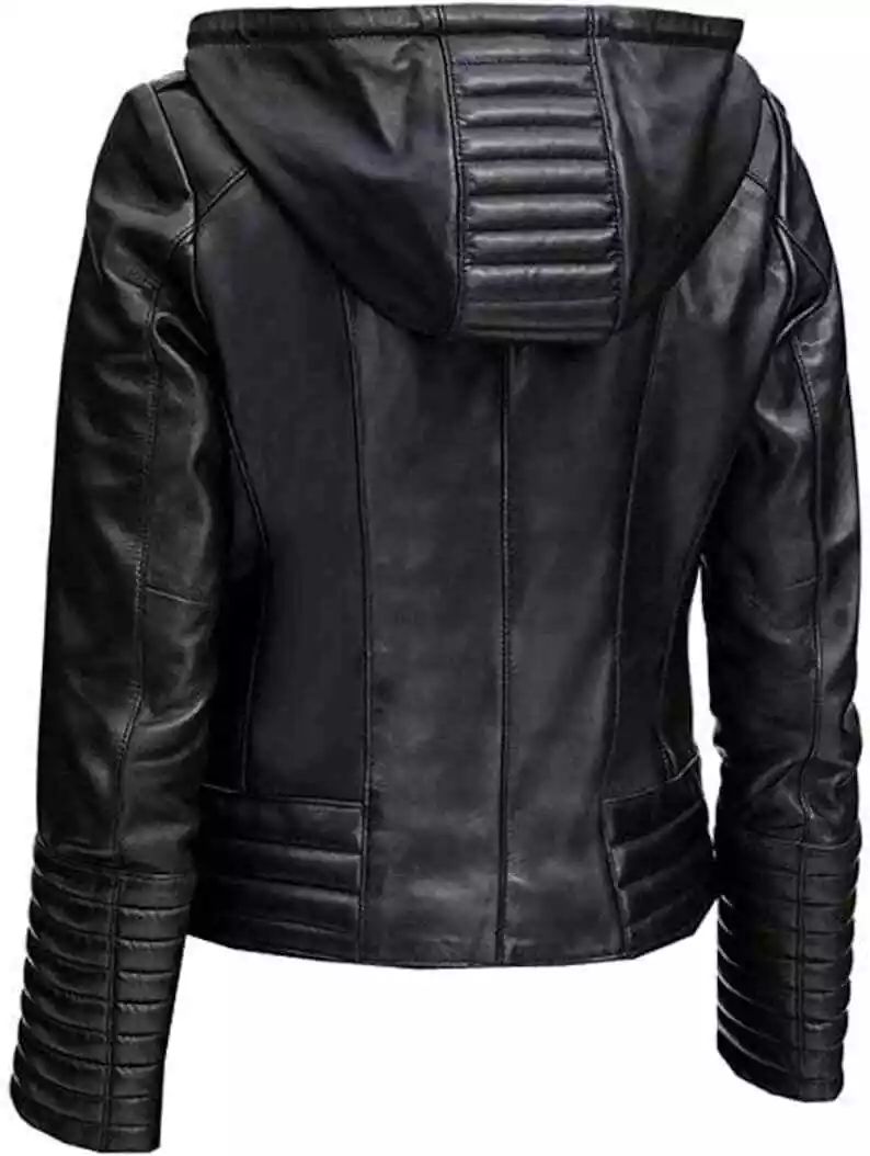 Quilted Black Moto Biker Motorcycle Hooded Womens Real Leather Jacket - Image 3