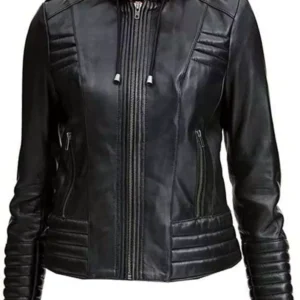 Quilted Black Moto Biker Motorcycle Hooded Womens Real Leather Jacket