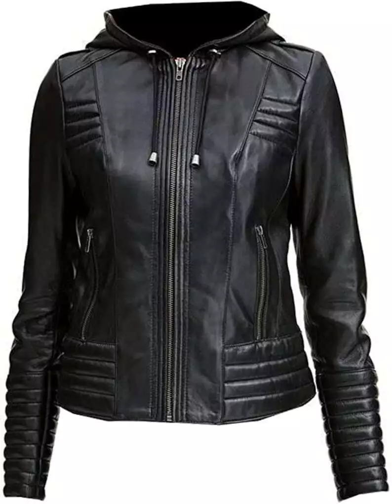 Quilted Black Moto Biker Motorcycle Hooded Womens Real Leather Jacket