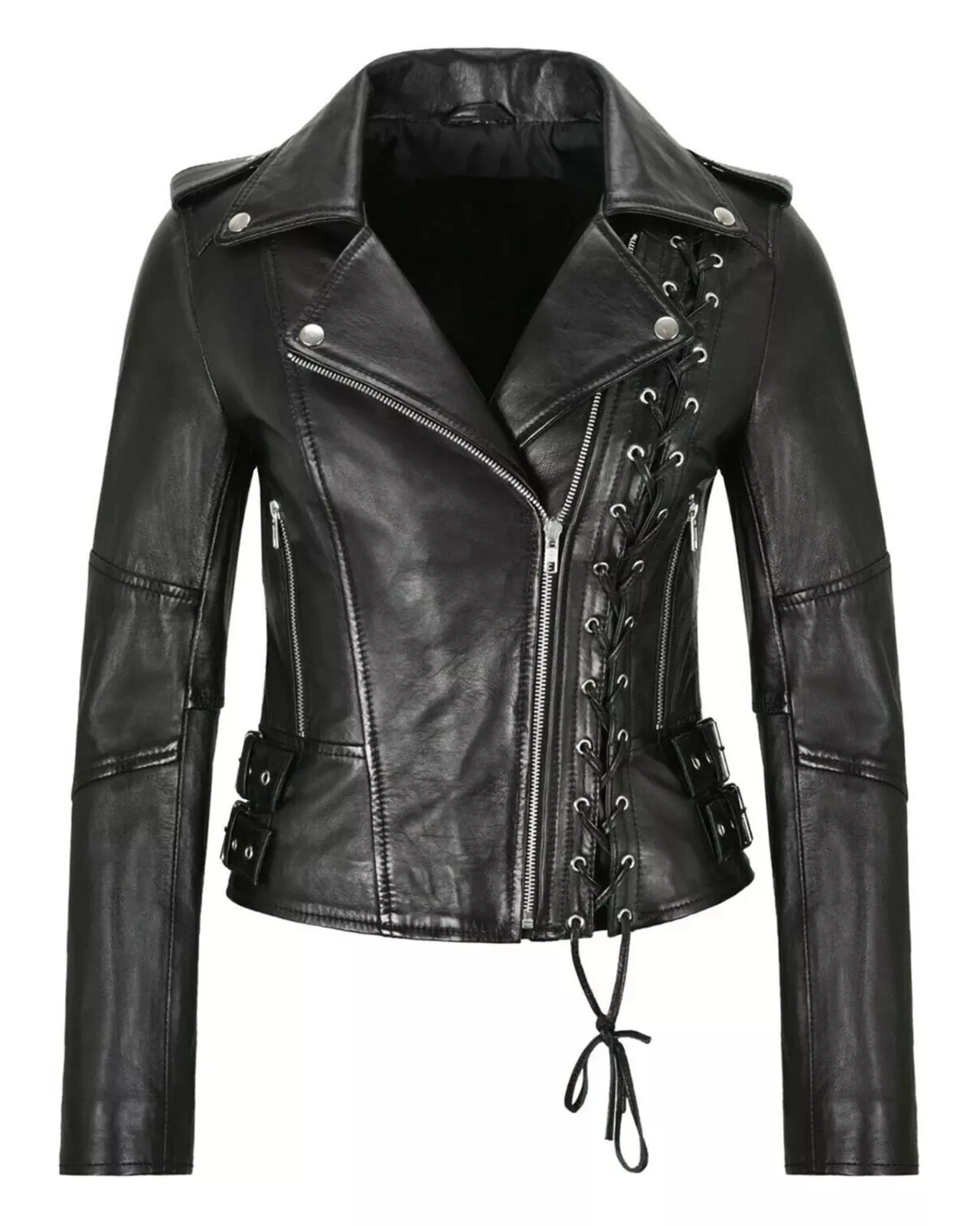 Modern Women Lace Up Designer Coat Genuine real Real Leather Jacket