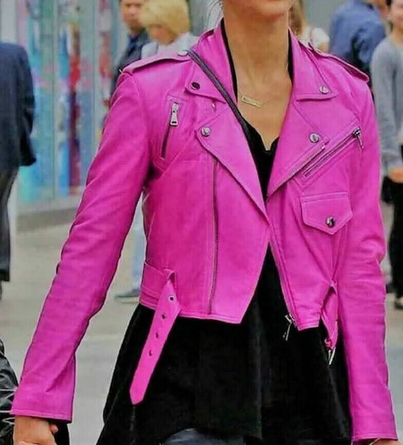 Women's HOT PINK Motorcycle Biker Jacket 100% Authentic real Leather Jacket