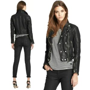 Womens Genuine real Leather Motorcycle Slim fit Designer Biker Jacket Black
