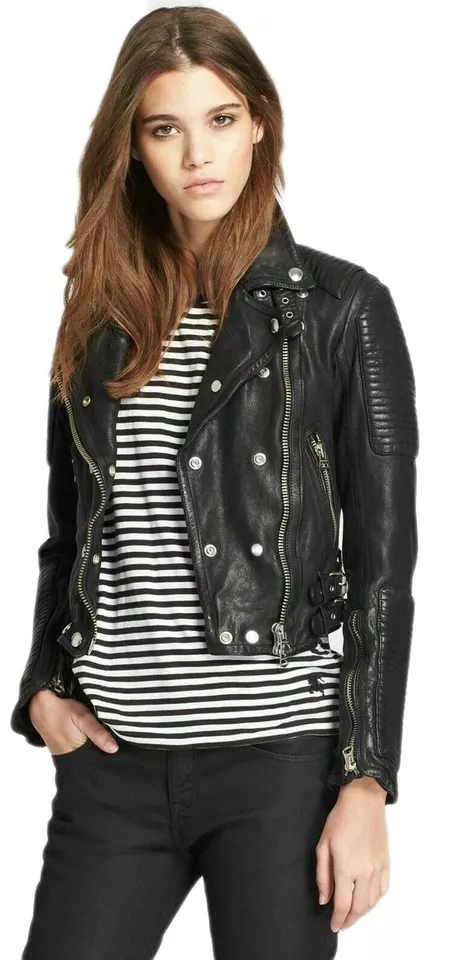 Womens Genuine real Leather Motorcycle Slim fit Designer Biker Jacket Black