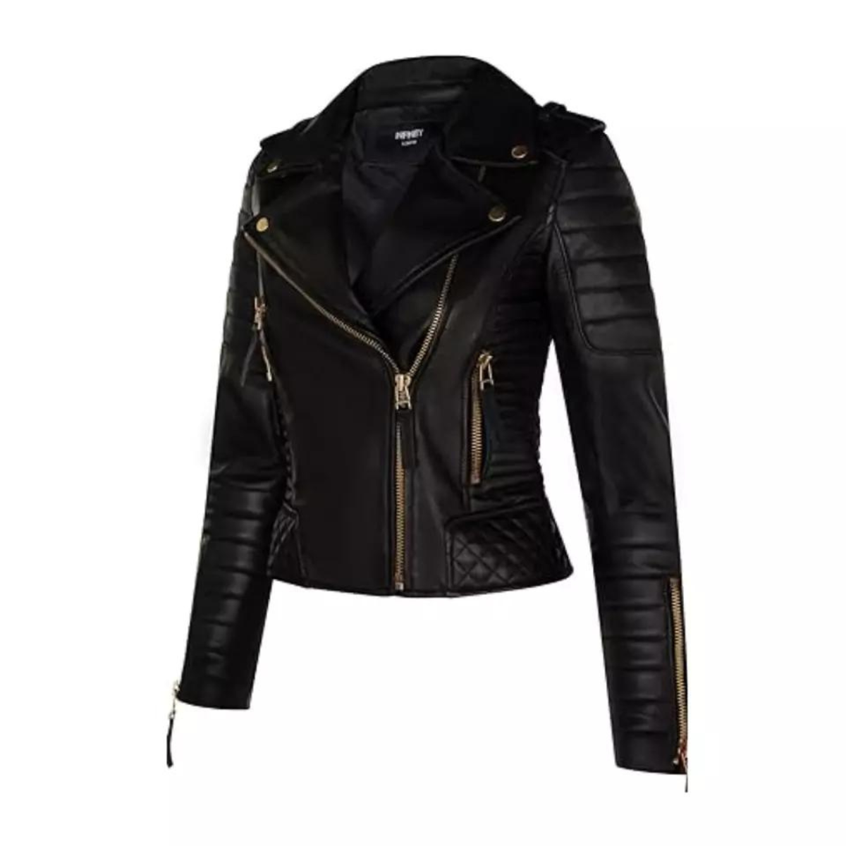 Women's Kay Micheal Style Biker Black Motorcycle Leather Jacket - Image 4