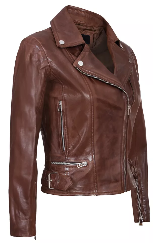 Womens Leather Jacket Classic Biker Style Brown 100% Real Leather Jacket Brando - Image 2