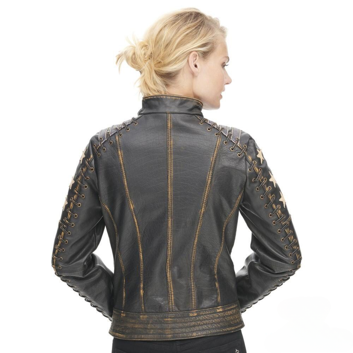 Women’s distressed leather stars and stripes jacket