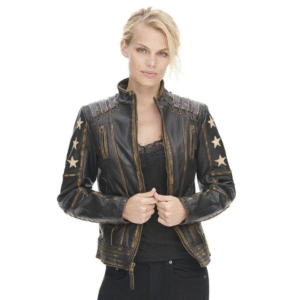 Women’s distressed leather stars and stripes jacket
