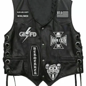 Zakk Wylde Black Label Society Biker Genuine Leather Vest Jacket BLS Patches