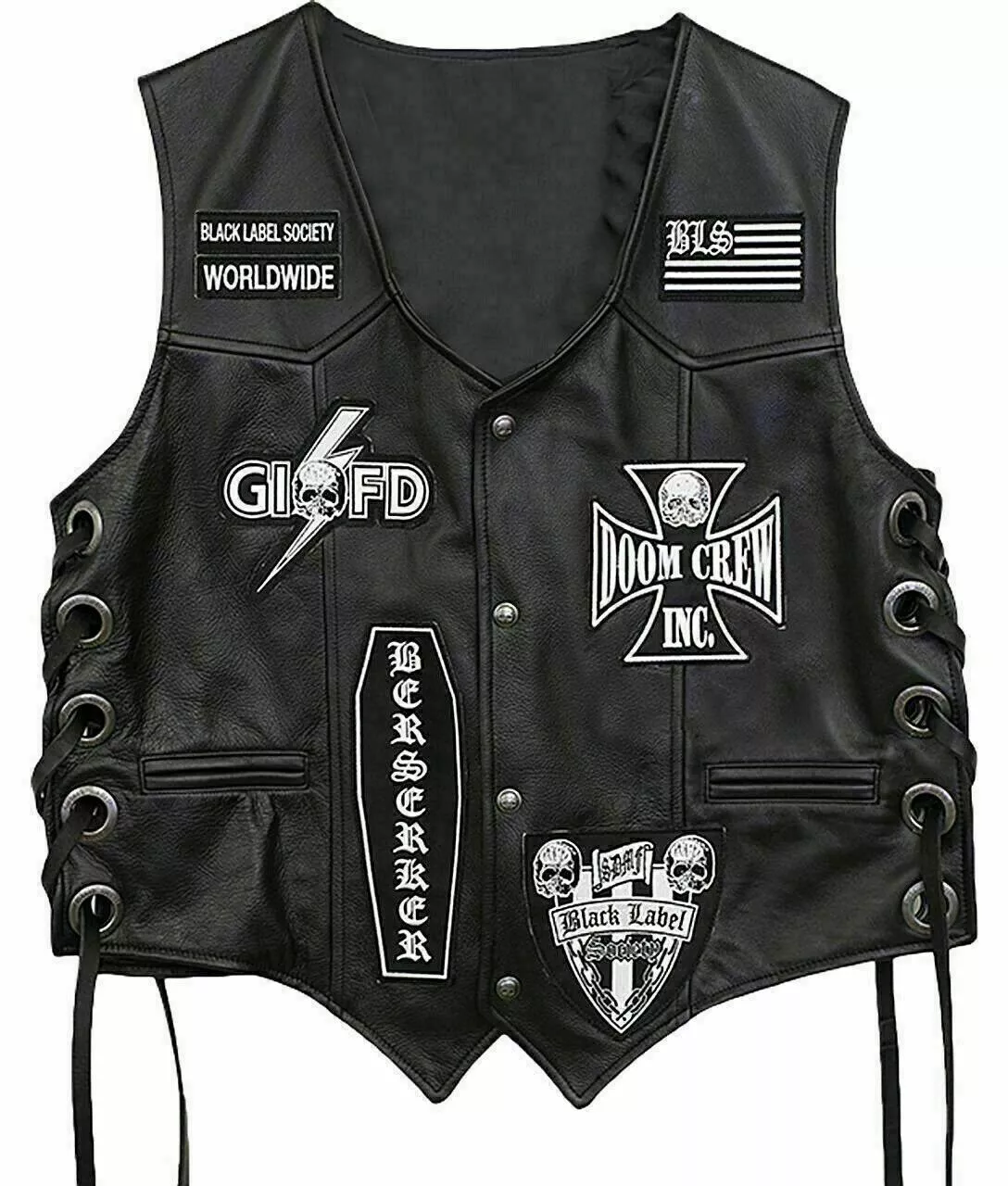Zakk Wylde Black Label Society Biker Genuine Leather Vest Jacket BLS Patches
