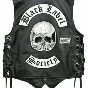 Zakk Wylde Black Label Society Biker Genuine Leather Vest Jacket BLS Patches
