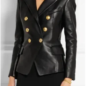kim kardashian Double Breasted Slim Fit Sheepskin Leather Blazer For Women