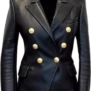 kim kardashian Double Breasted Slim Fit Sheepskin Leather Blazer For Women