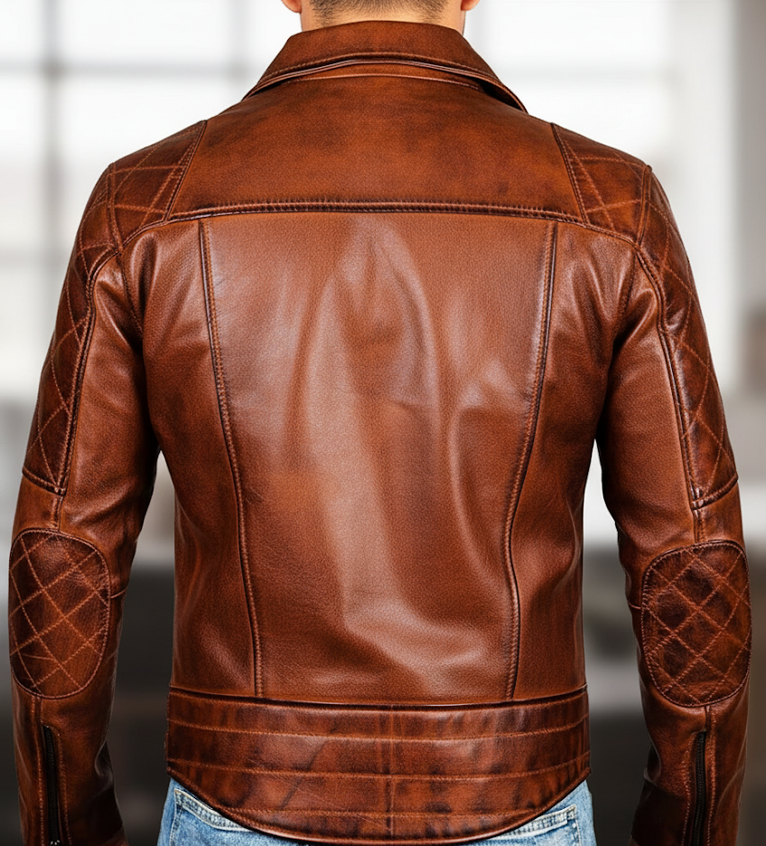 Men's Distressed Brown Leather Motorcycle Jacket - Image 3