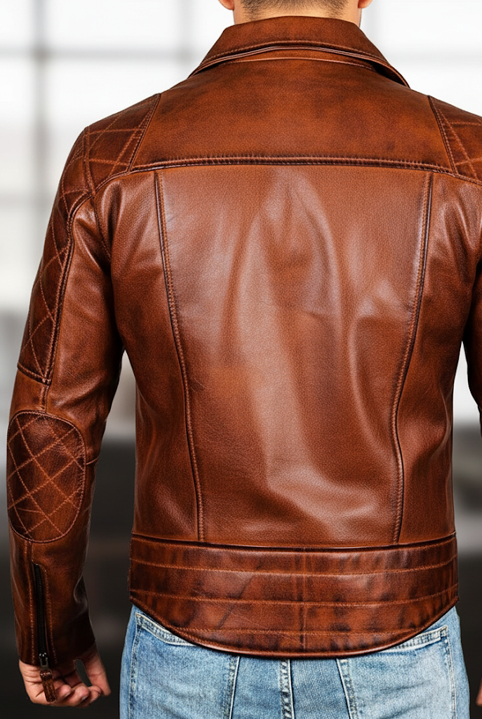 Men's Distressed Brown Leather Motorcycle Jacket - Image 2