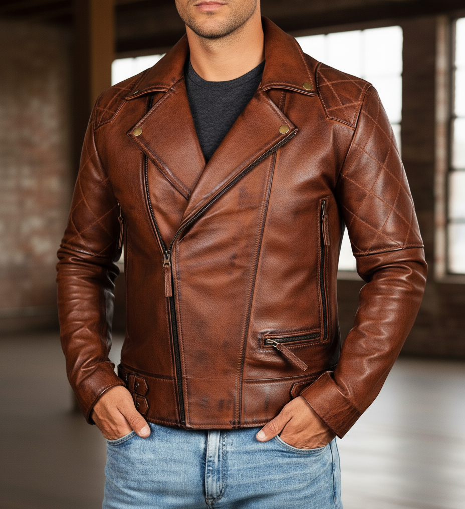 Men's Distressed Brown Leather Motorcycle Jacket