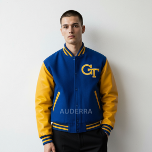 Georgia Tech 90’s Blue Wool Genuine Leather Sleeves Varsity Letterman Men Jacket