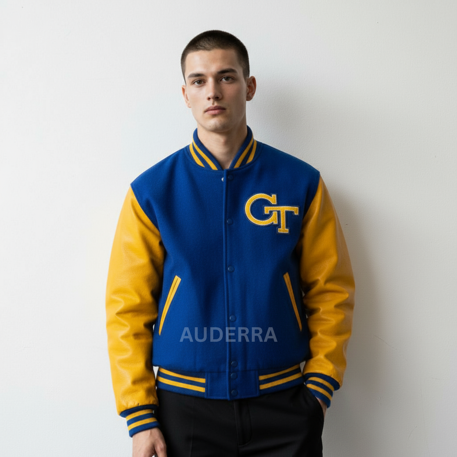 Georgia Tech 90’s Blue Wool Genuine Leather Sleeves Varsity Letterman Women Jacket