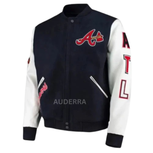 Atlanta Braves ATL Navy Blue Wool Genuine Leather Letterman Men's Varsity Jacket