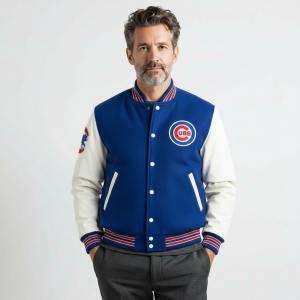 Chicago Cubs Blue Wool & White Genuine Leather Sleeves Varsity Letterman Jacket