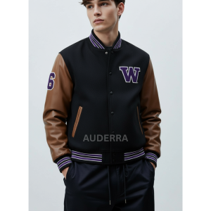Washington Huskies Black Wool Genuine Leather Sleeves Letterman Varsity Jacket