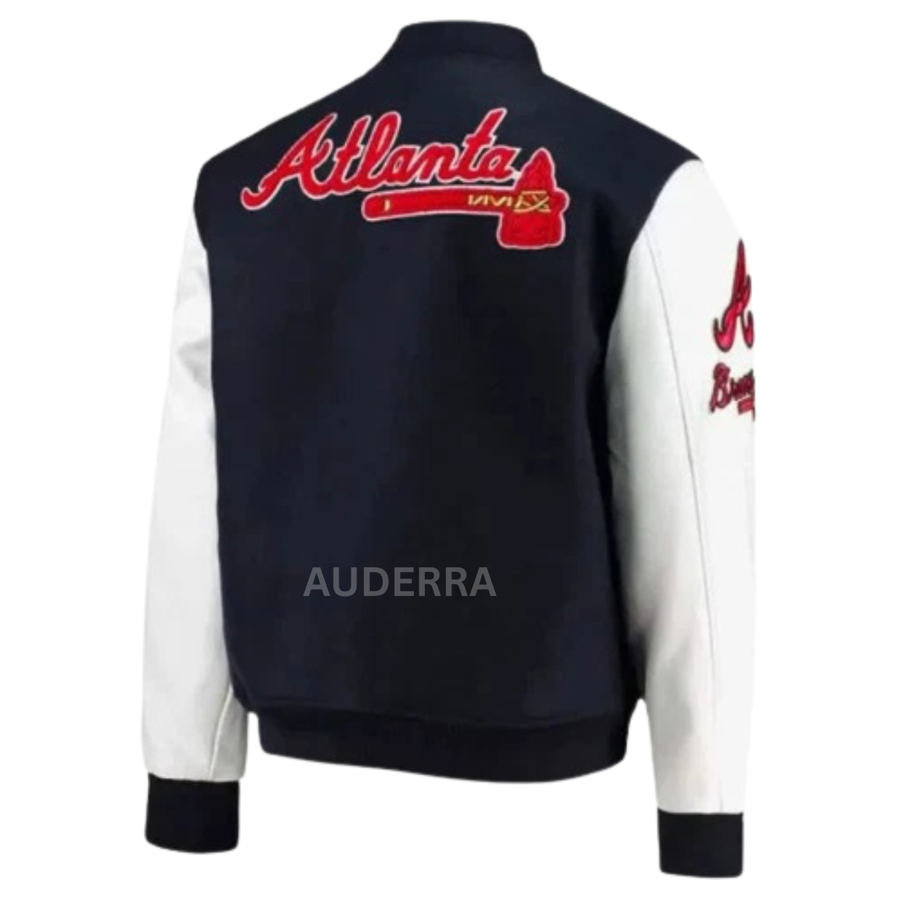 Atlanta Braves ATL Navy Blue Wool Genuine Leather Letterman Women's Varsity Jacket - Image 3