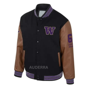 Washington Huskies Black Wool Genuine Leather Sleeves Letterman Varsity Jacket