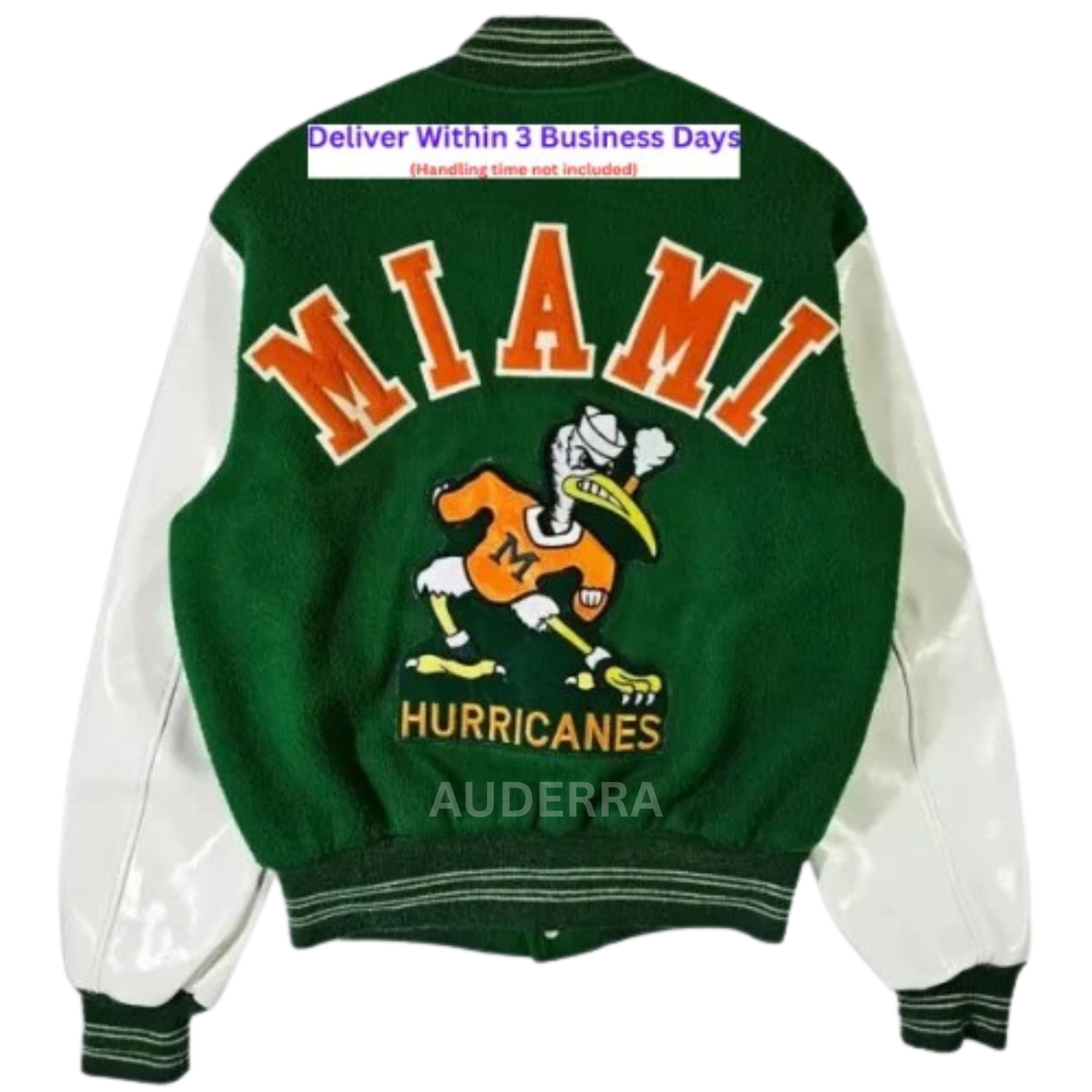 70’s Miami Hurricanes Green Wool Genuine Leather Varsity Bomber Letterman Jacket - Image 3