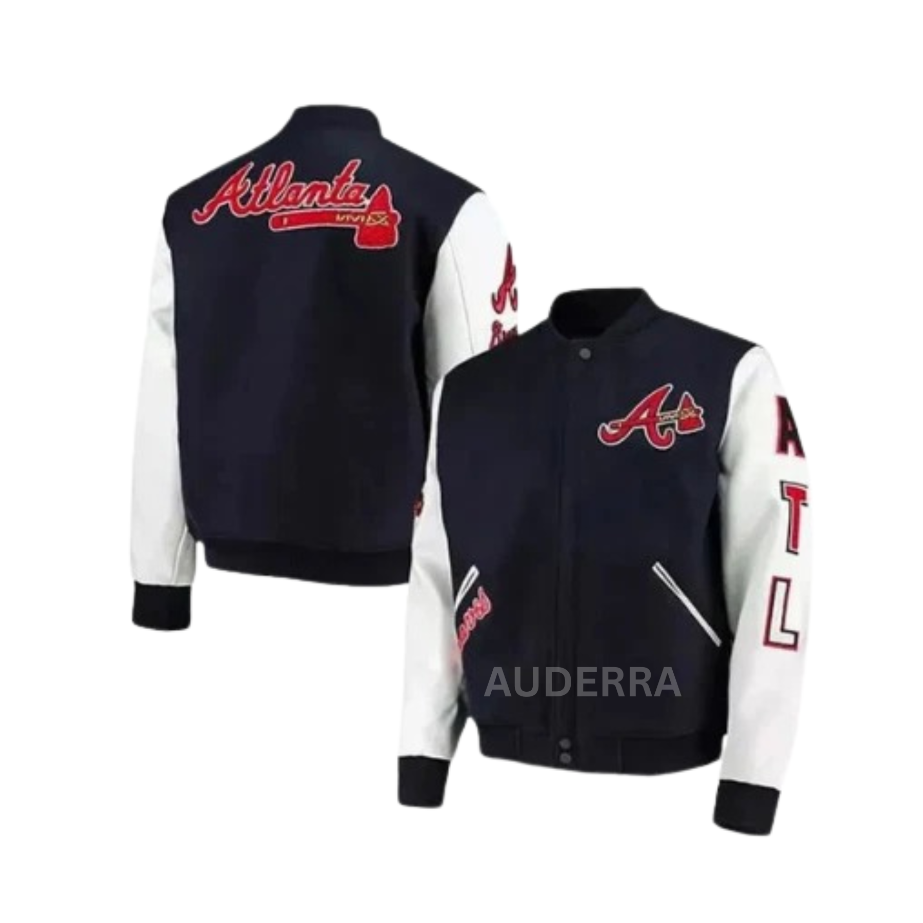 Atlanta Braves ATL Navy Blue Wool Genuine Leather Letterman Women's Varsity Jacket - Image 4