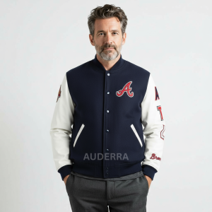 Atlanta Braves ATL Navy Blue Wool Genuine Leather Letterman Men's Varsity Jacket
